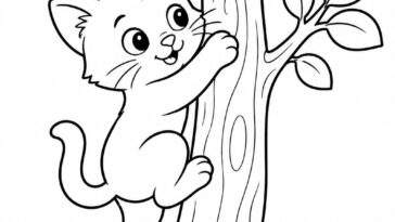 Kitten climbing a small leafy tree coloring page