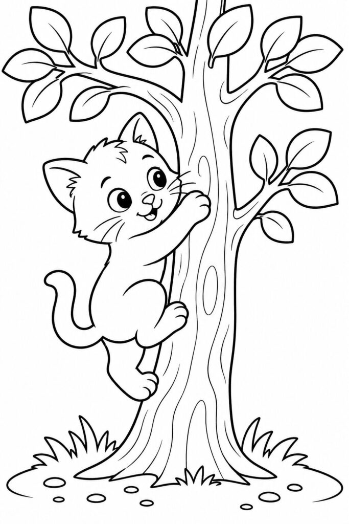 Kitten climbing a small leafy tree coloring page