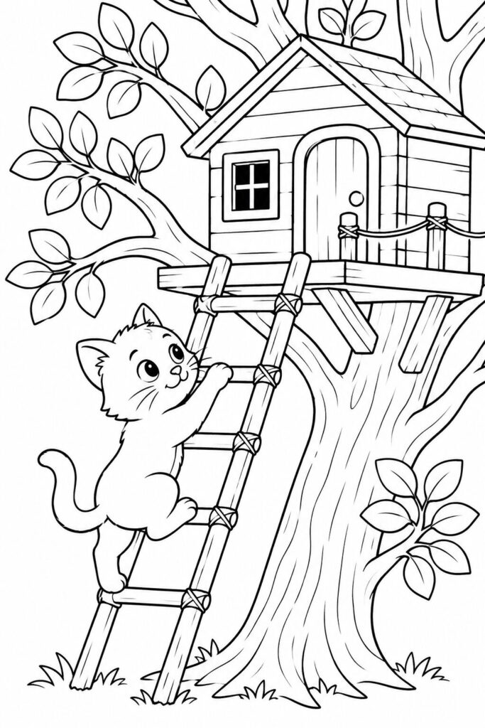 Cat climbing toward a small treehouse in a tree coloring page