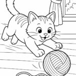 Playful kitten chasing a rolling ball of yarn coloring page