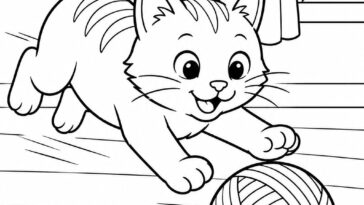 Playful kitten chasing a rolling ball of yarn coloring page