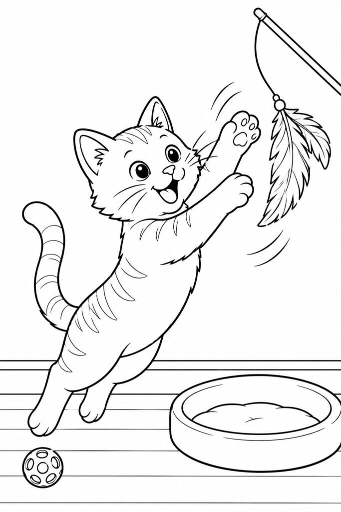 Playful cat reaching for a feather wand toy coloring page