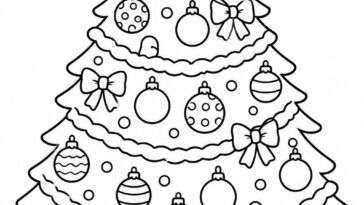 Decorated Christmas tree with ornaments ribbons and star coloring page