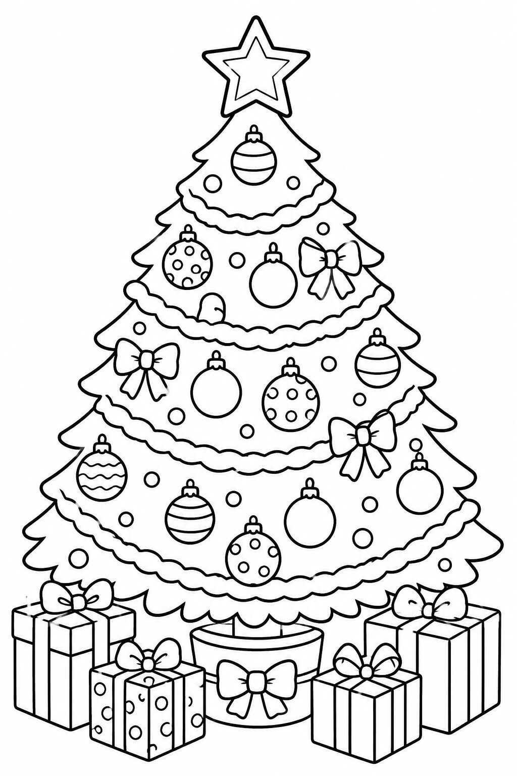 Decorated Christmas tree with ornaments ribbons and star coloring page