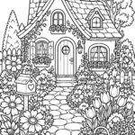 Charming cottage surrounded by colorful flower garden coloring page