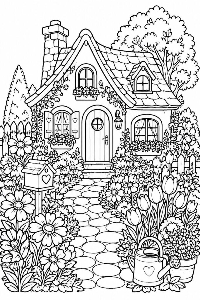 Charming cottage surrounded by colorful flower garden coloring page