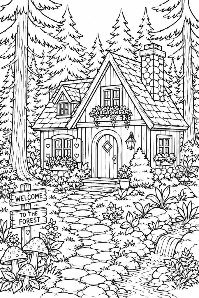 Woodland cottage nestled among tall forest trees coloring page