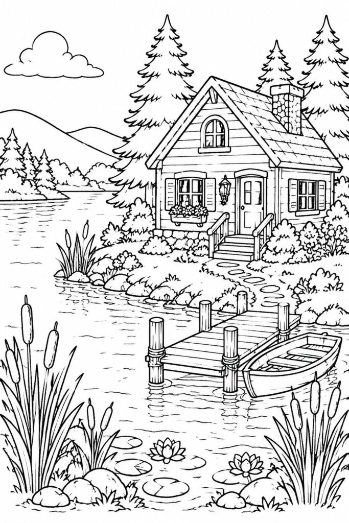 Snow-covered winter cottage with snowy trees coloring page