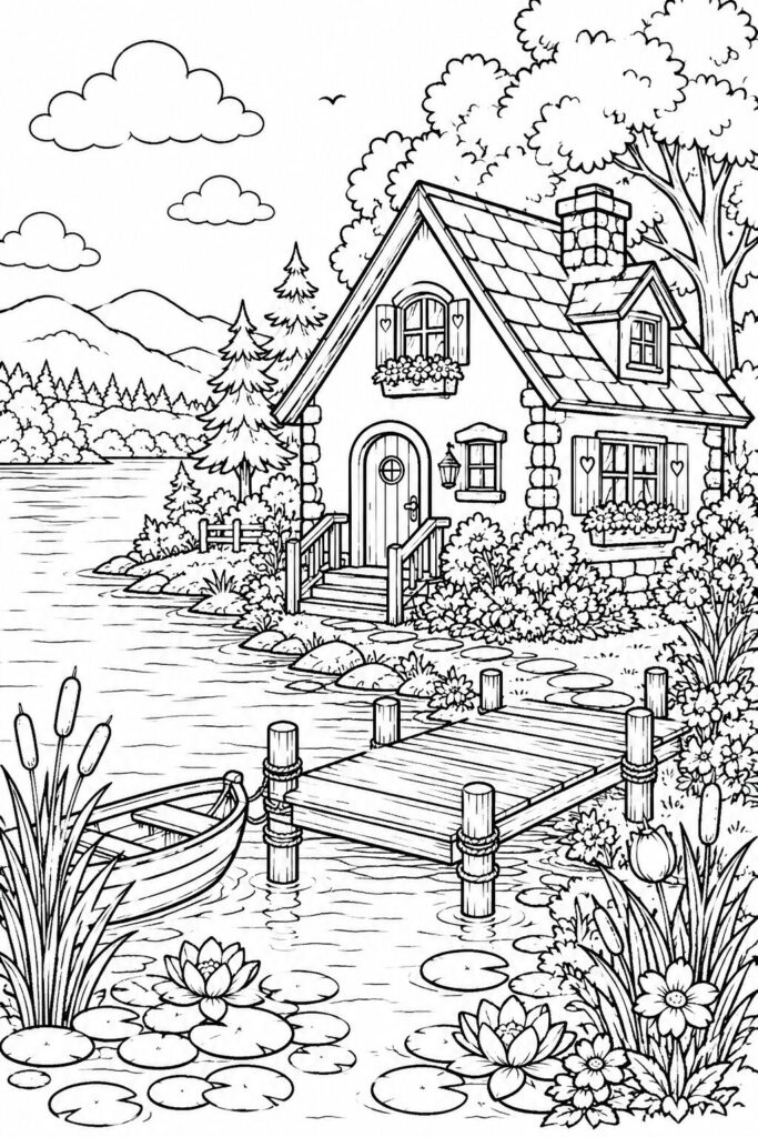 Peaceful lakeside cottage beside calm water coloring page