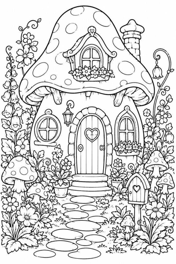 Fantasy mushroom fairy cottage with whimsical details coloring page