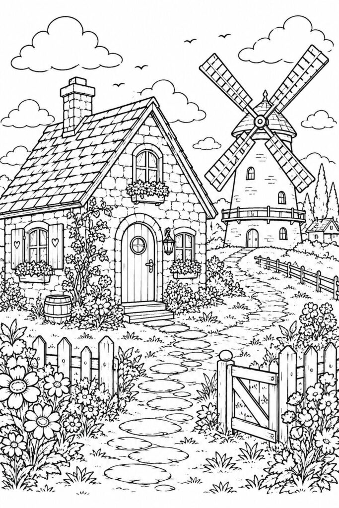 Countryside cottage beside traditional windmill coloring page