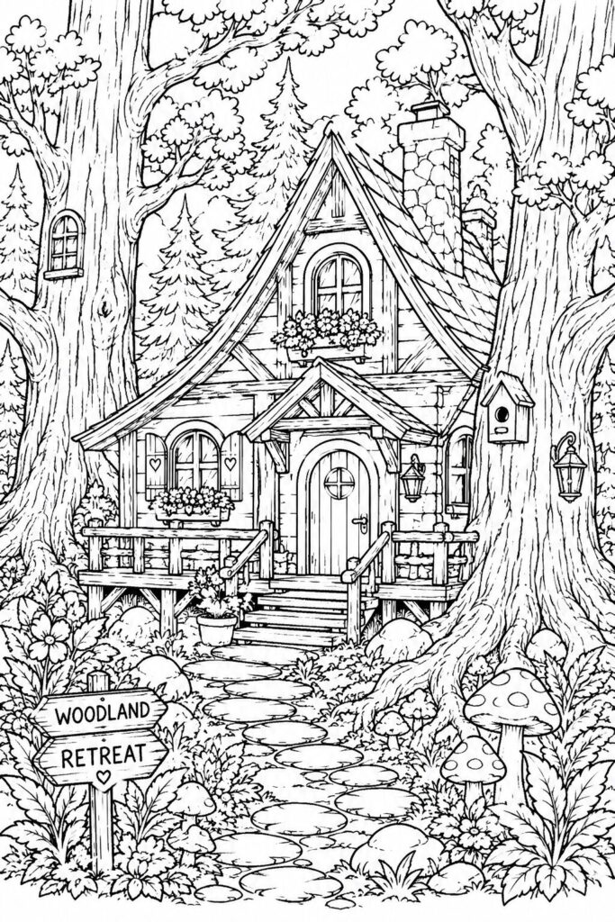 Tree-surrounded cottage retreat in natural setting coloring page