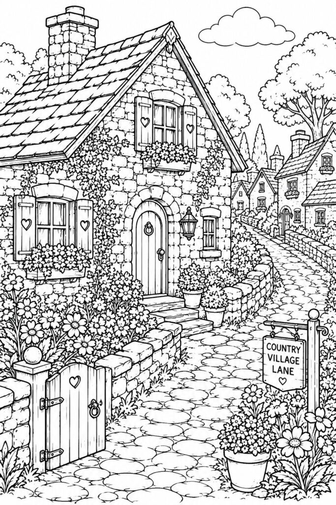 Traditional stone village cottage with pathway coloring page