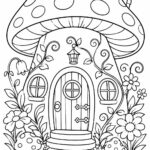 Fairy cottage inside a giant mushroom surrounded by flowers coloring page
