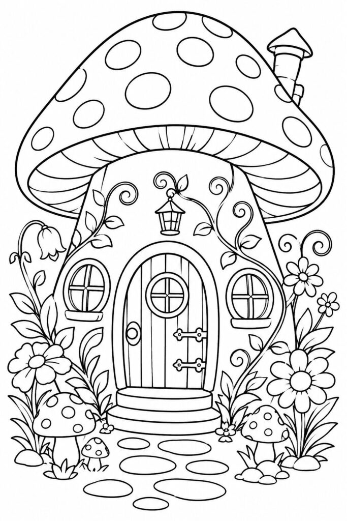 Fairy cottage inside a giant mushroom surrounded by flowers coloring page