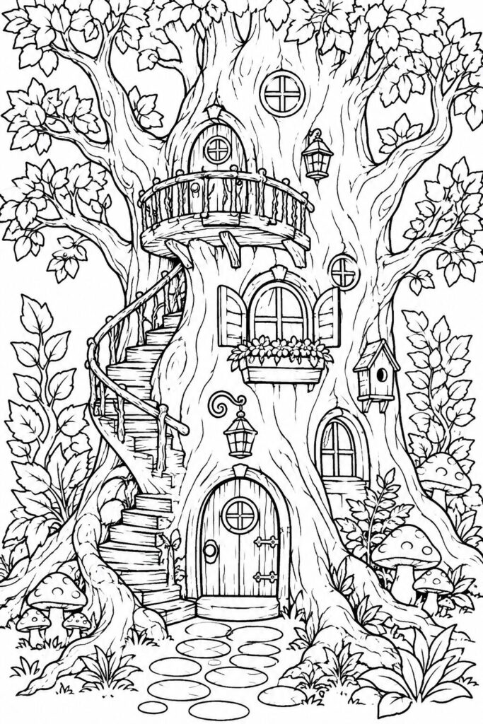 Fairy house carved into a giant old tree coloring page