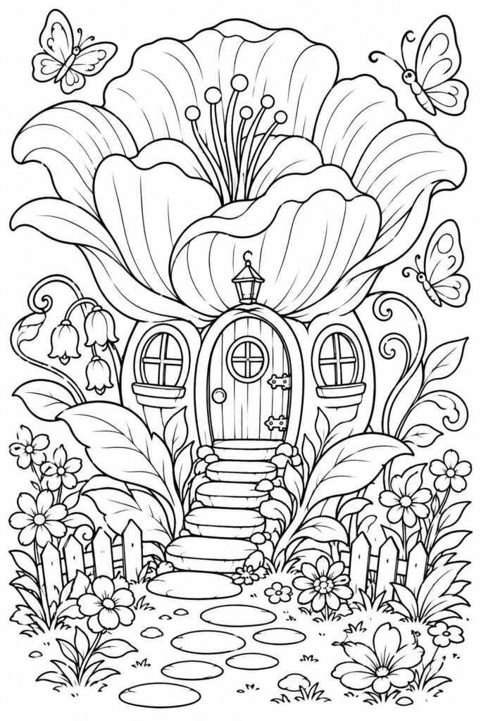 Fairy home inside a giant blooming flower coloring page