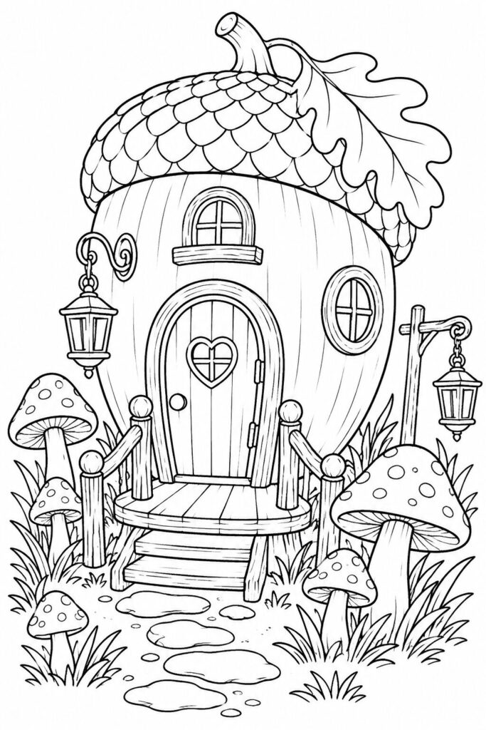 Tiny fairy cottage made from a large acorn coloring page