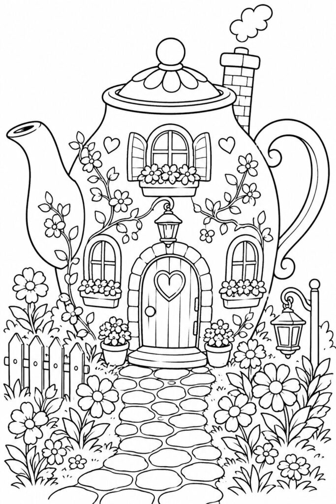 Whimsical fairy house inside a decorative teapot coloring page