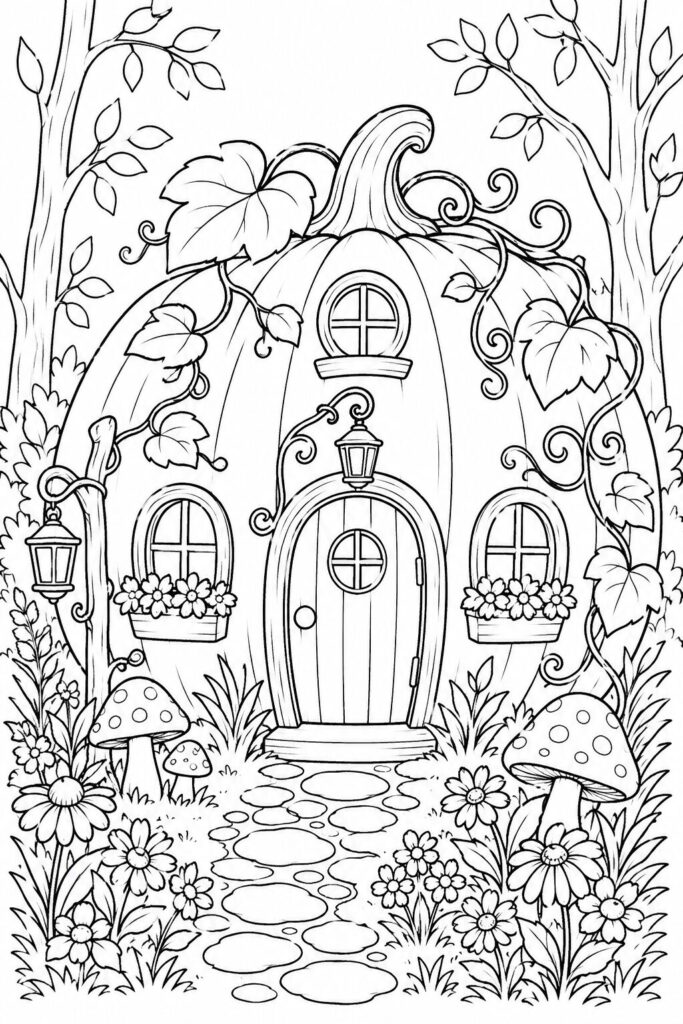 Fairy cottage built inside a large pumpkin coloring page