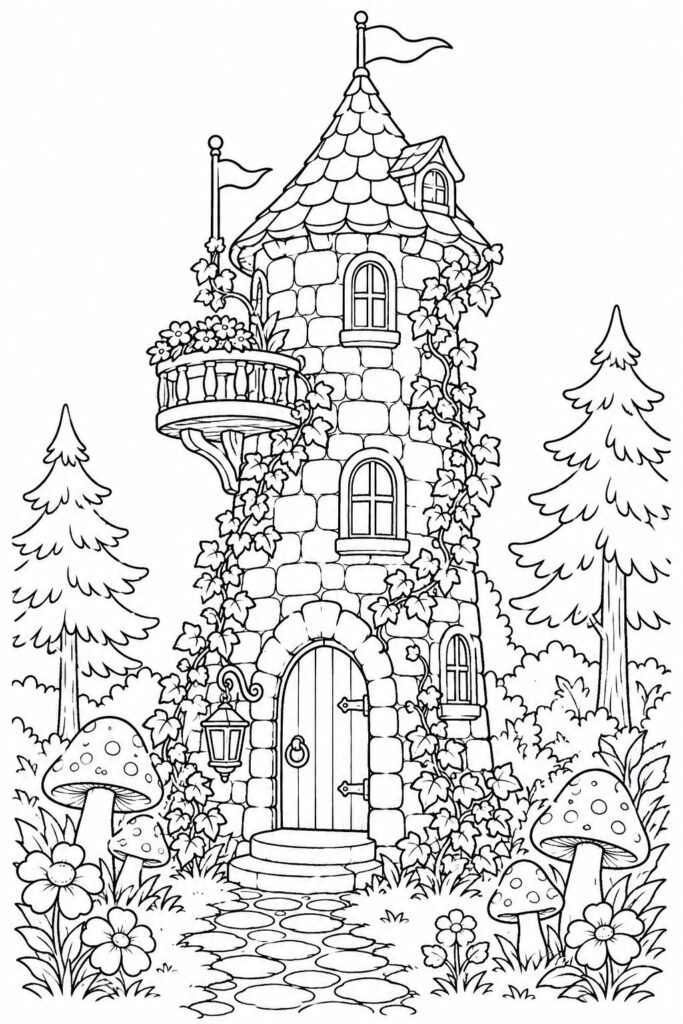Magical stone fairy tower with ivy coloring page