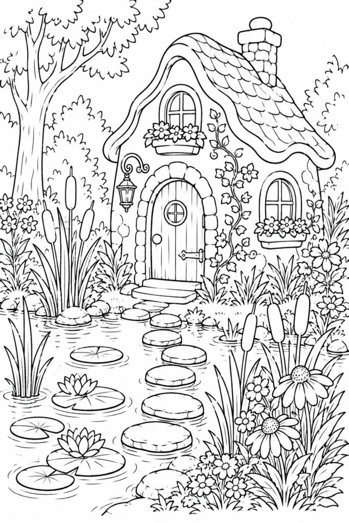 Fairy house beside a woodland pond coloring page