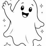 Smiling friendly ghost waving hello with cheerful expression coloring page