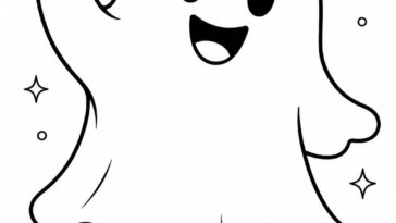 Smiling friendly ghost waving hello with cheerful expression coloring page