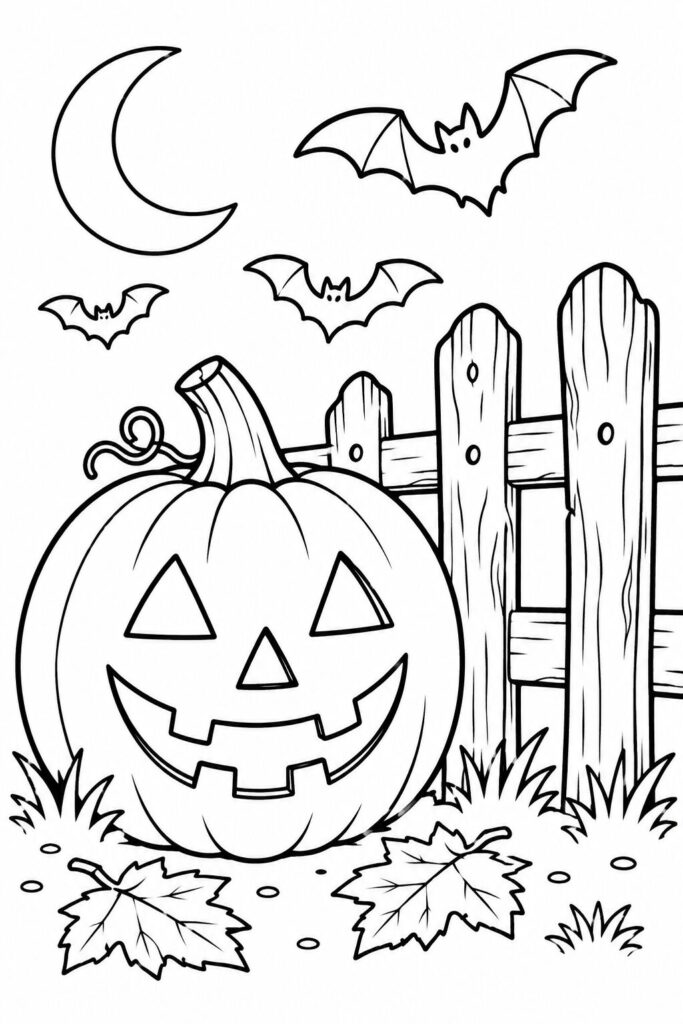 Halloween pumpkin beside wooden fence with bats and moon coloring page