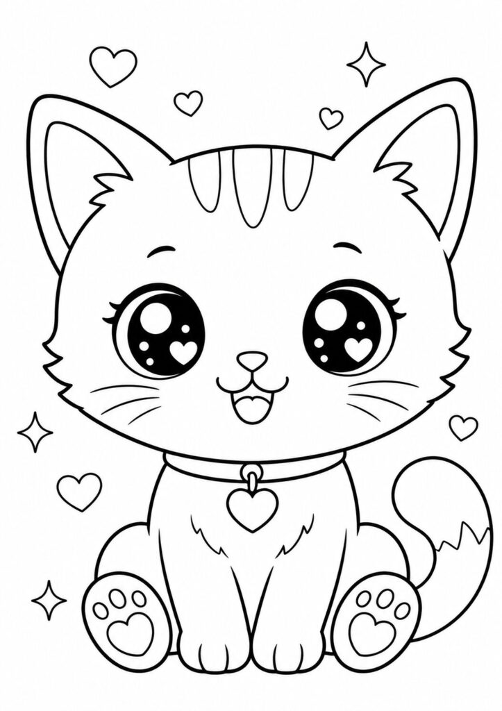 Smiling kawaii cat sitting with a heart-shaped collar coloring page
