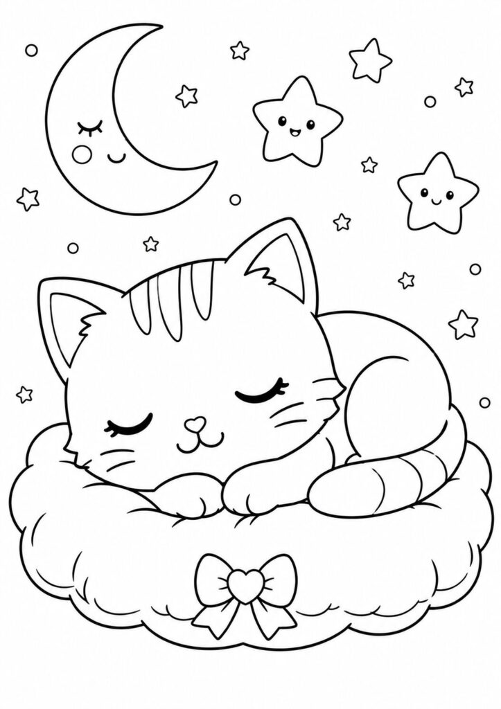 Cute kawaii cat sleeping on a fluffy pillow under stars coloring page