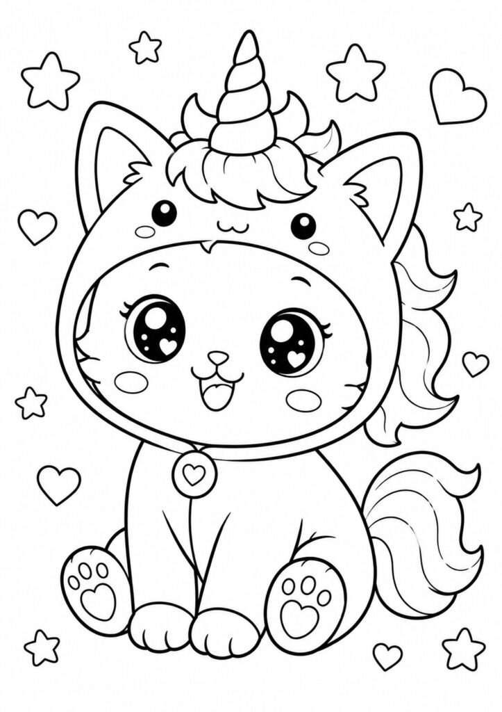 Kawaii cat wearing a unicorn costume coloring page