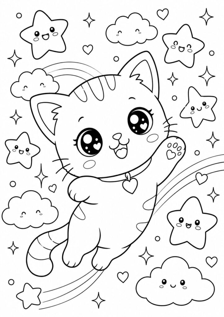 Kawaii cat floating among smiling stars and clouds coloring page