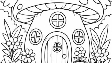 Classic mushroom cottage with flowers and stone path coloring page