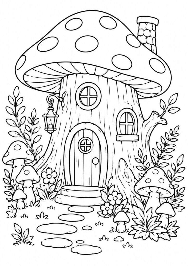 Tree stump house with mushroom roof coloring page