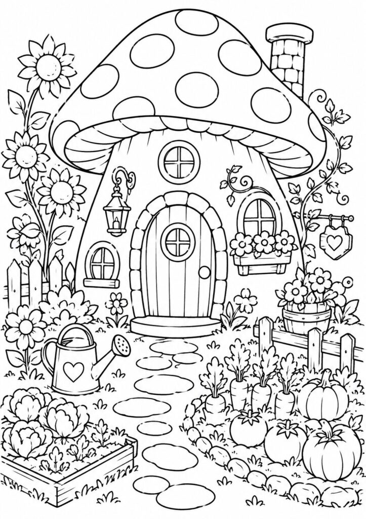 Mushroom cottage with flower and vegetable garden coloring page