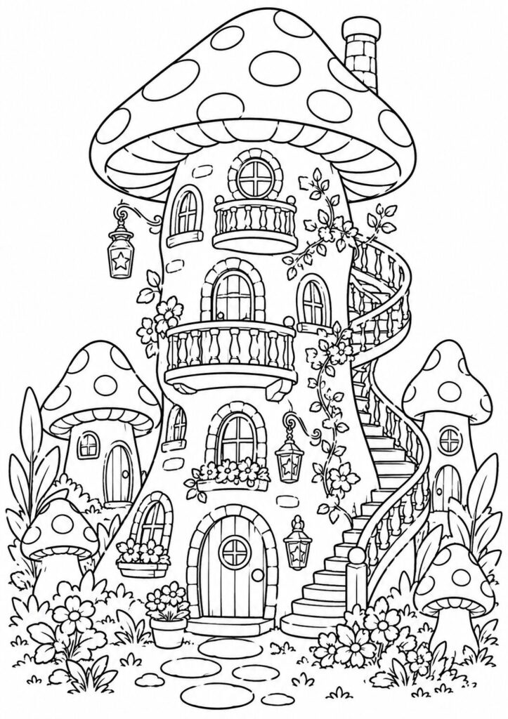 Tall enchanted mushroom tower house coloring page