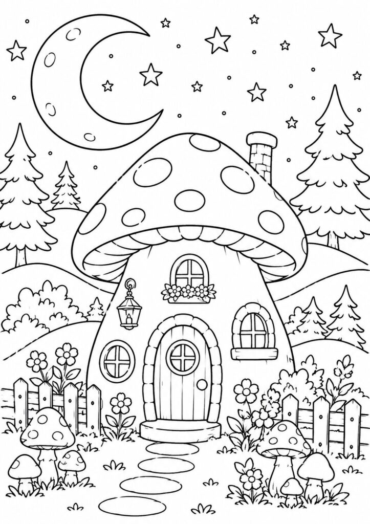 Moonlit mushroom cottage beneath stars coloring page