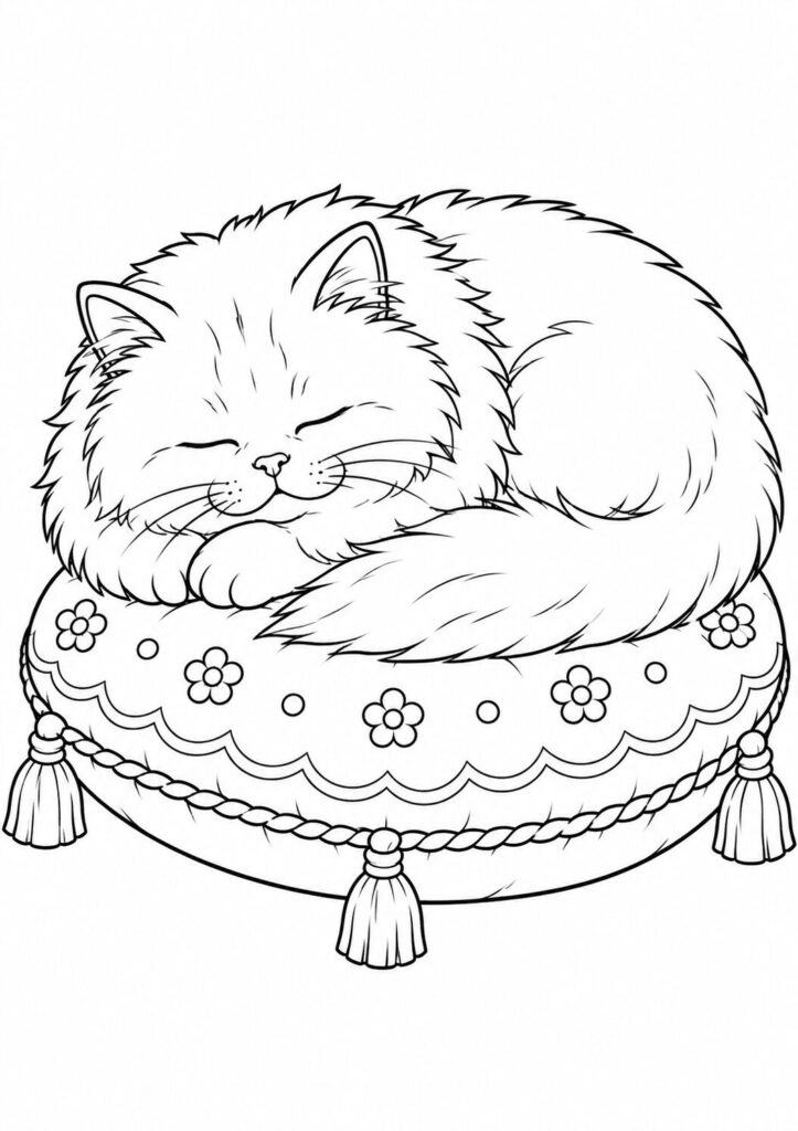 Sleeping Persian cat curled up on a soft decorative cushion coloring page