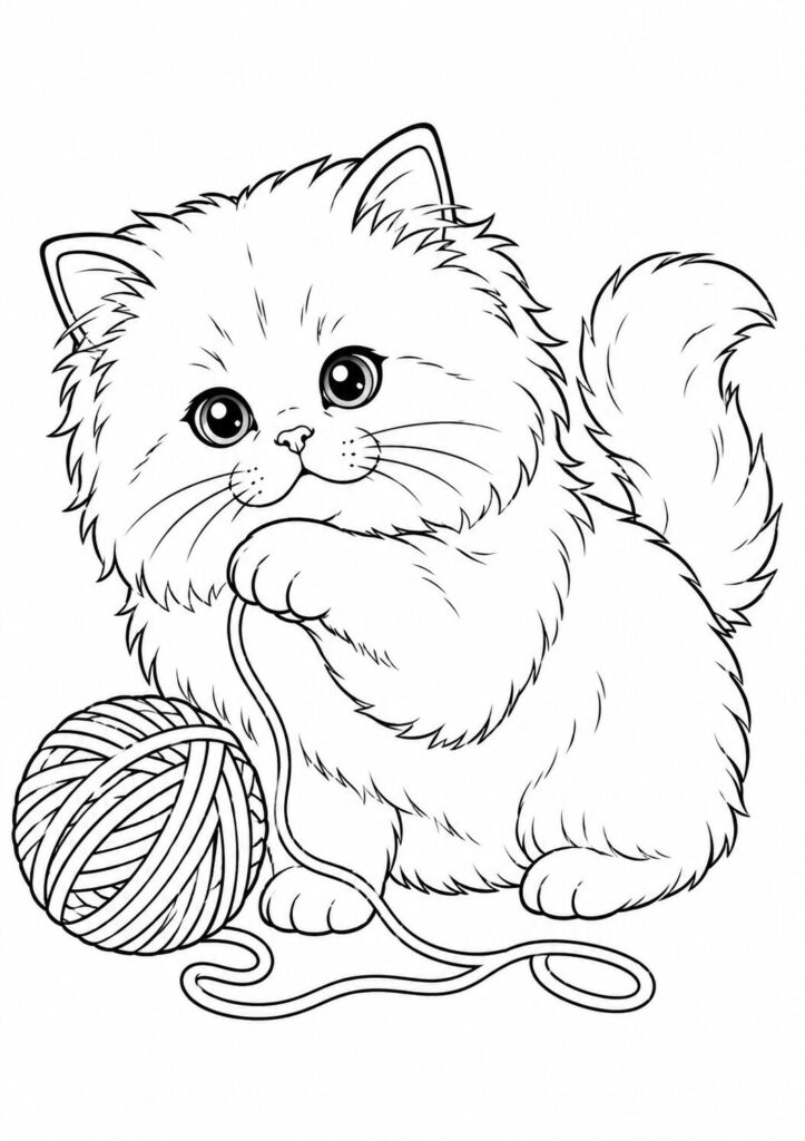 Playful Persian kitten chasing a ball of yarn coloring page