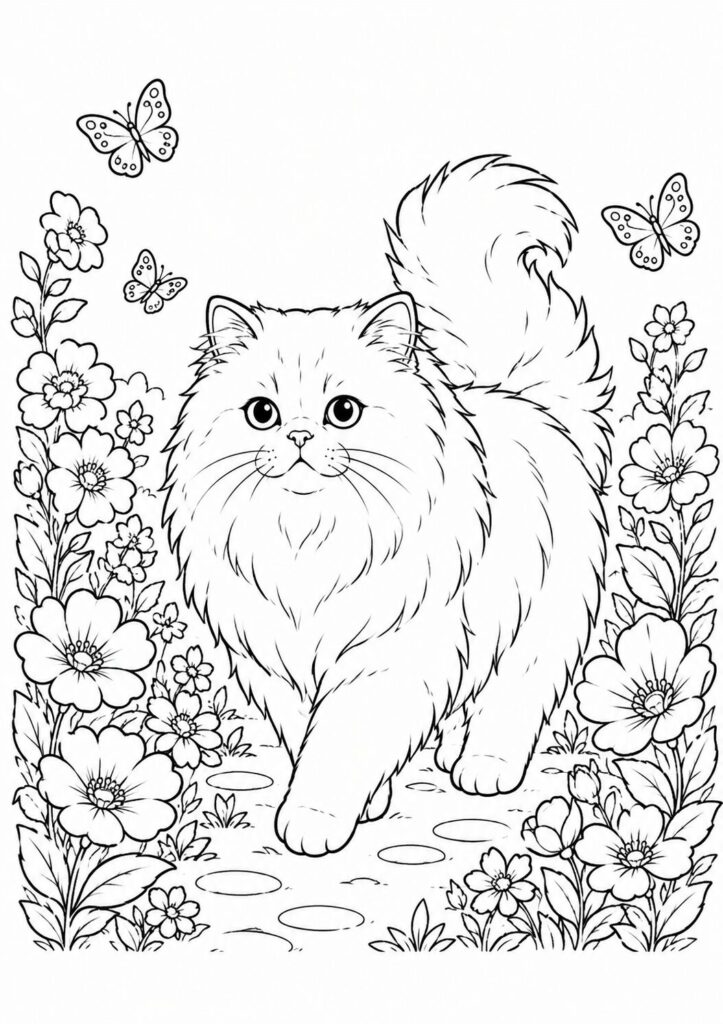 Persian cat walking through a flower garden with butterflies coloring page