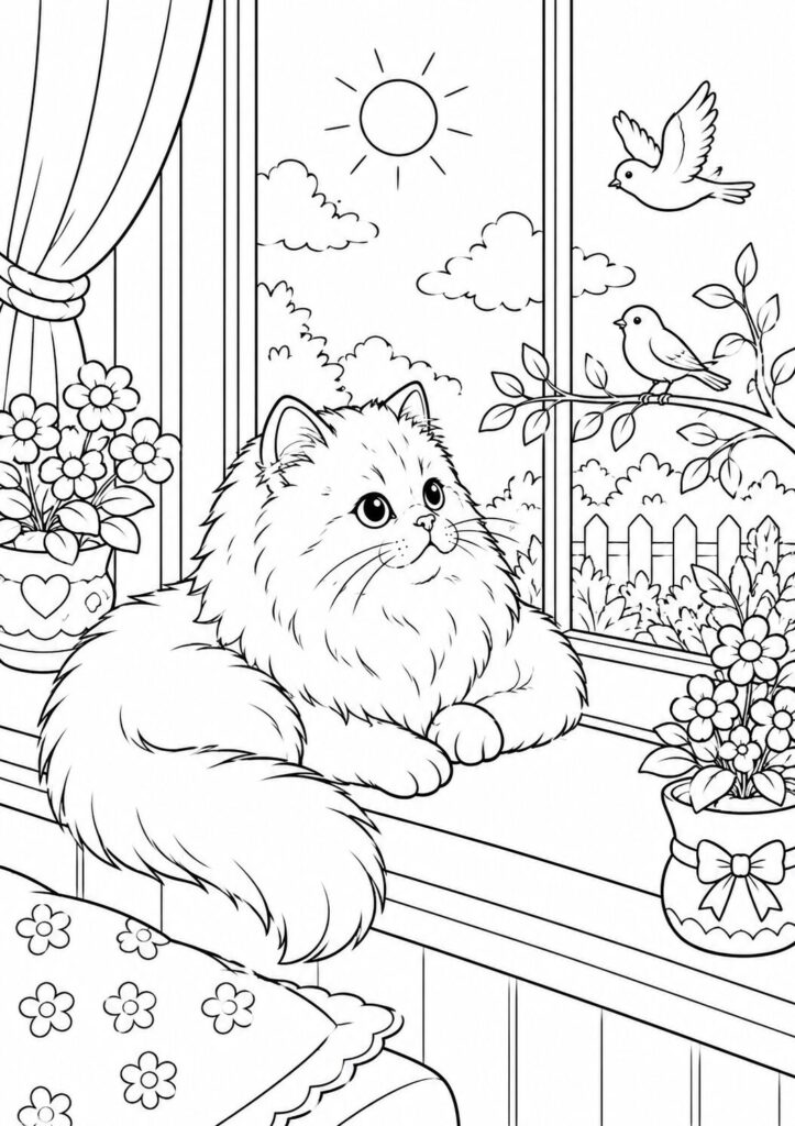 Persian cat relaxing on a sunny windowsill watching birds coloring page