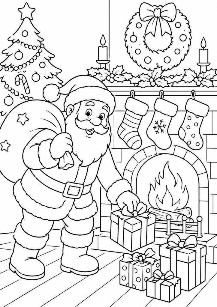 Santa Claus delivering Christmas presents beside a decorated fireplace coloring page
