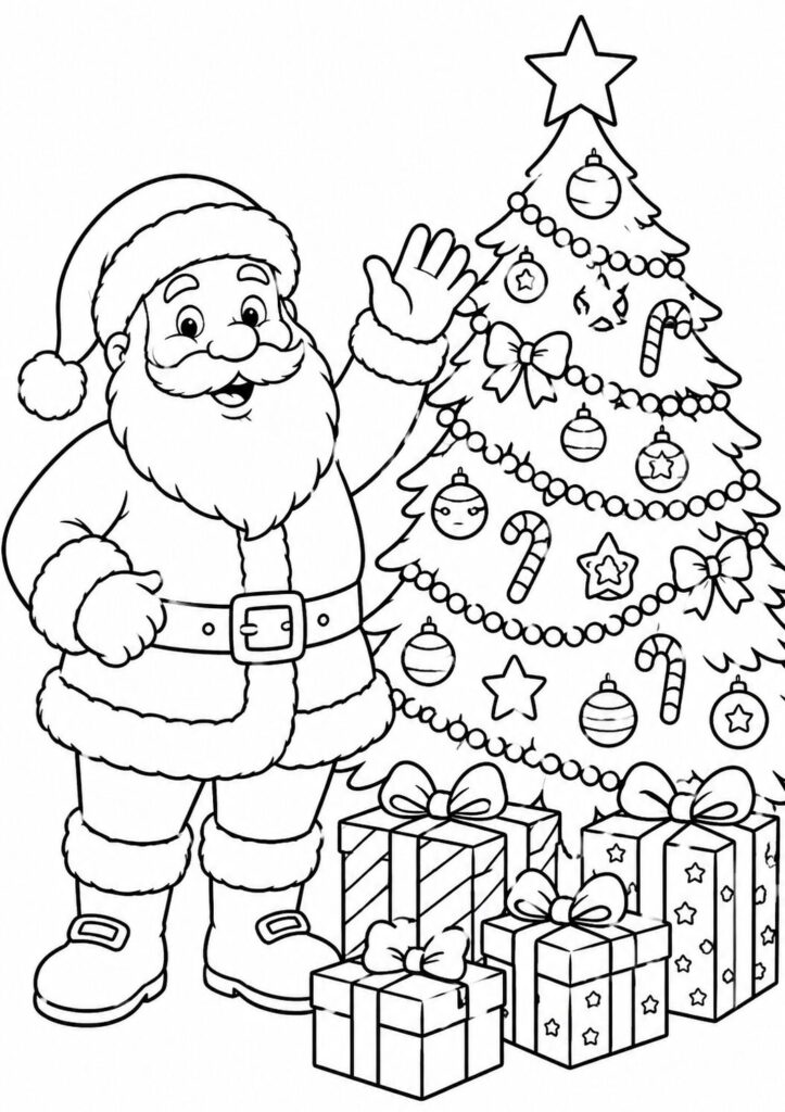 Smiling Santa Claus waving beside a decorated Christmas tree coloring page