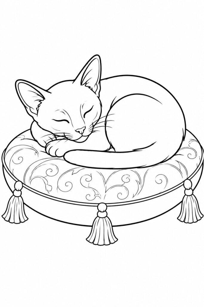 Sleeping Siamese cat curled on a soft cushion coloring page