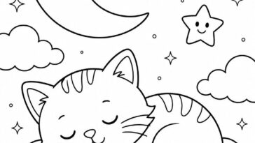 Sleeping cat beneath a crescent moon with smiling stars coloring page