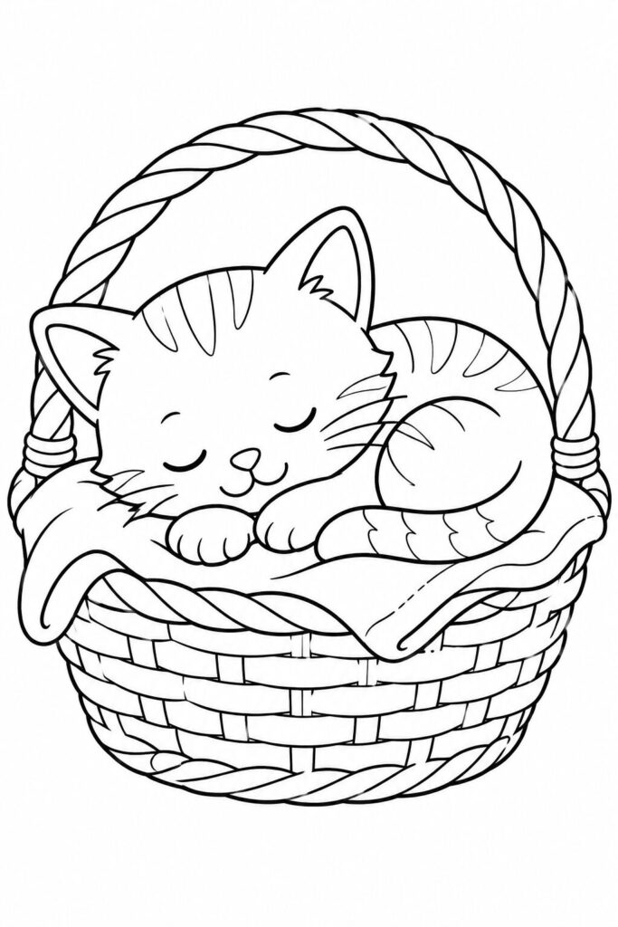 Cute kitten sleeping inside a woven basket coloring page