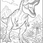 Roaring Tyrannosaurus rex standing in a prehistoric landscape coloring page