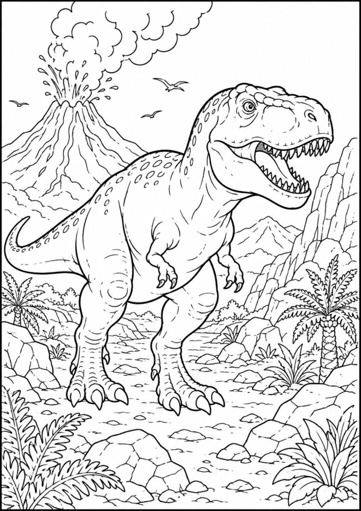 Tyrannosaurus rex walking near an erupting volcano coloring page