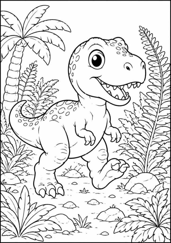 Cute baby Tyrannosaurus rex exploring a prehistoric forest coloring page